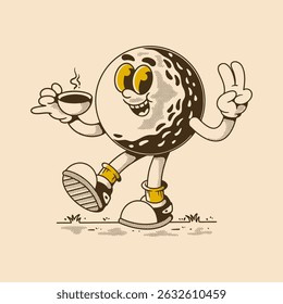 Vintage cartoon golf ball mascot holding a cup of coffee with peace sign gestur