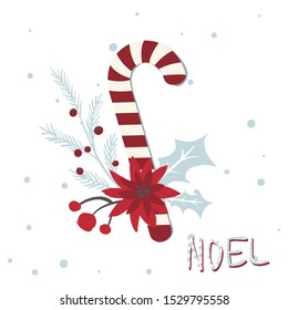Vintage cartoon greeting card for Merry Christmas, Typographic Wishes and Winter Holiday Elements. Greeting hand drawn illustration for Xmas. 