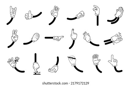Vintage cartoon hands in gloves, arms gestures and hands poses. Cute animation character body parts. Comics arm gestures vector set. Ok sign, high five, clap, congratulate vector isolated illustration