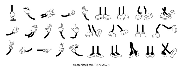 Vintage cartoon hands in gloves, arms gestures and feet in shoes. Cute animation body parts of characters. Different foot movements and positions. Comics walking leg poses vector illustration set.