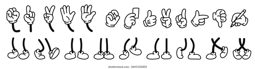 Vintage Cartoon Hands in Gloves and Feet in Shoes – Cute Character Body Parts, Arm Gestures, Walking Legs and Foot Pose Vector Set