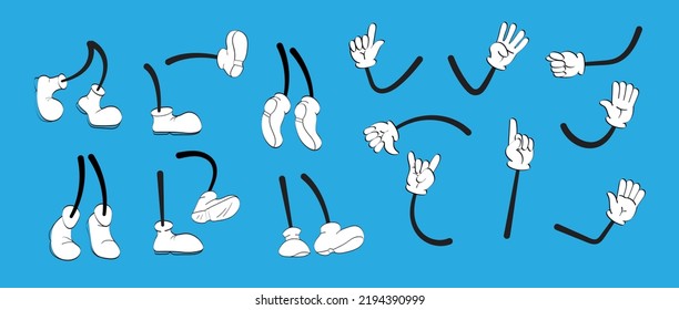 Vintage cartoon hands in gloves, legs set vector. Cute animation feet in shoes. Funny character mascot body parts movement.   Daisy hands gesture. Thumb up, finger pointer, give five.