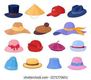 Sombreros de dibujos animados de época, elementos retro de la cabeza masculina y femenina. Sombreros de moda, bombones, gorro y sombrero de intestino, conjunto de símbolos vectores derby. Colección de paños de cabeza retro