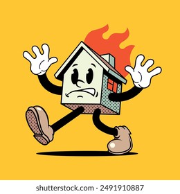 Vintage cartoon house mascot set on fire