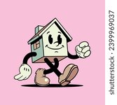 Vintage cartoon house mascot, walking and smiling, 1940s classic animation style comic character