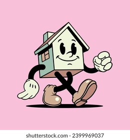 Vintage cartoon house mascot, walking and smiling, 1940s classic animation style comic character