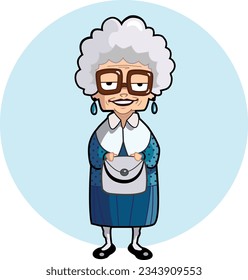 vintage cartoon illustration of cute granny smiling with bag vintage style