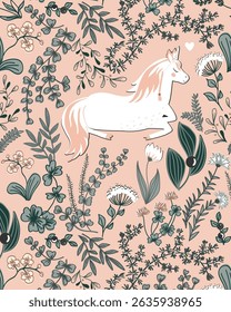 Vintage cartoon illustration with cute wild flowers and herbs and sleeping unicorn inside. Doodle floral dark background. Vector.