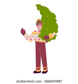 Vintage cartoon illustration with man holding christmas tree. Happy new year Winter vector illustration.