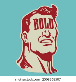 ilustração de desenho animado vintage de um homem poderoso com texto em negrito em seu rosto