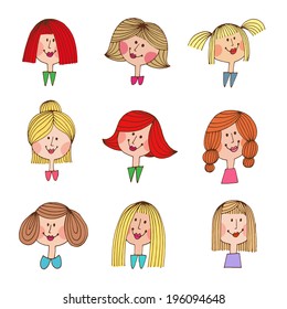 Vintage cartoon illustrations of girls with hair styles