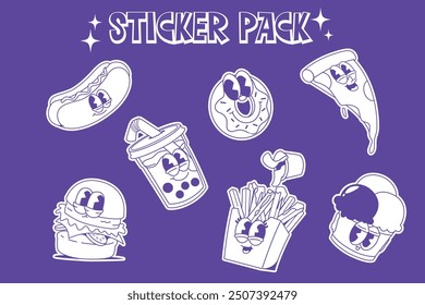 Vintage cartoon Junk food Sticker set. Donut, Drink, Hotdog, Ice Cream, FrenchFries, Cheese Burger, Pizza.