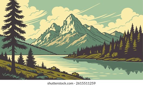 Vintage Cartoon Lake and Mountain Illustration with Vibrant Colors and Stylized Edges
