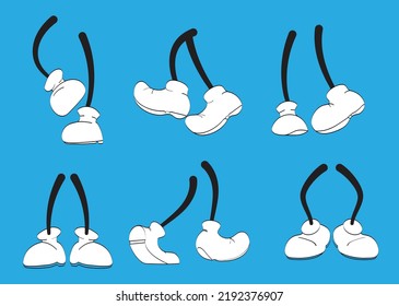 Vintage cartoon legs set vector. Cute animation feet in shoes. Funny character mascot body parts movement.  Retro, comics  leg in walking poses. 