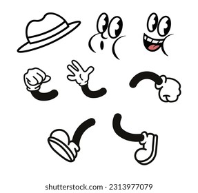 Vintage cartoon limbs set: legs, arms, faces and a hat. Comic funny 1930's mascot body parts, vector