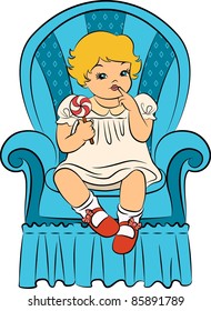 Vintage cartoon little girl with candy. Vector