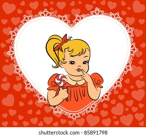 Vintage cartoon little girl with candy. Vector