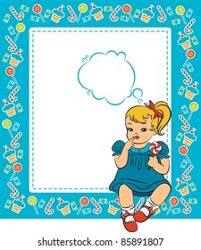 Vintage cartoon little girl with candy. Vector