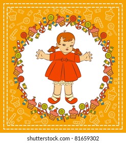 Vintage cartoon little girl in dress with a sweetness. Vector