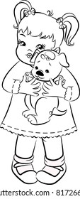 Vintage cartoon little girl with puppy. Vector