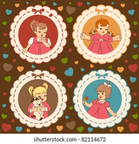 Vintage cartoon little girls on the ornate background. Vector