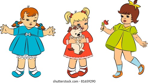 Vintage cartoon little girls. Vector set