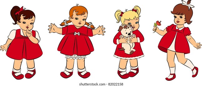 Vintage cartoon little girls. Vector set