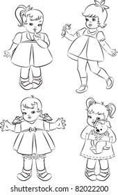 Vintage cartoon little girls. Vector set