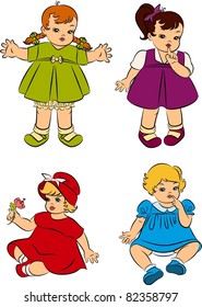 Vintage cartoon little girls. Vector