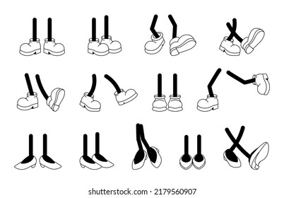 Vintage cartoon male and female feet in shoes. Cute animation character body parts. Comics walking leg poses vector set. Different foot movements and positions. Retro feet in boot 20s to 50s style.