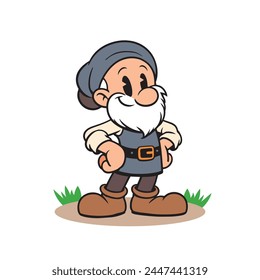 Vintage cartoon mascot of a bearded dwarf in medieval clothing. Vector comic dwarf character