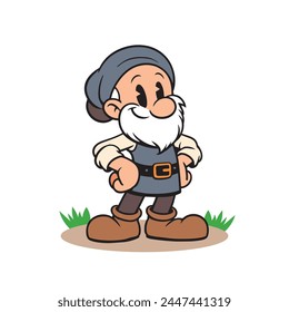 Vintage cartoon mascot of a bearded gnome in medieval clothing. Vector comic dwarf character