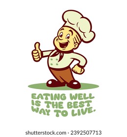 Vintage cartoon mascot of a chef in a hat, smiling, thumb up gesture, fast food character, vector illustration