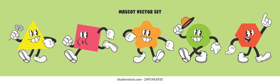 Vintage cartoon mascot template, abstract colorful geometric shapes with faces, hands and legs, set in different poses, retro logo, vector
