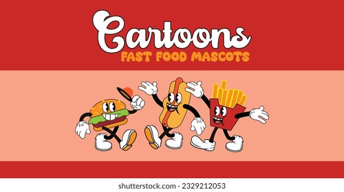 mascotas de caricatura vintage, pancarta de comida rápida, ilustración vectorial