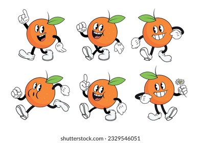 vintage cartoon orange fruit mascot, funny comic flat character, set of different poses, vector illustration