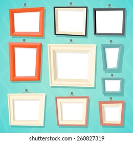 Vintage Cartoon Photo Picture Painting Drawing Frame Template Icon Set on Stylish Wall Background Retro Design Vector Illustration
