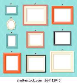 Vintage Cartoon Photo Picture Painting Drawing Frame Template Icon Set on Stylish Wall Background Retro Design Vector Illustration
