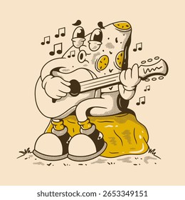 Uma pizza de desenho animado vintage executa música enquanto senta sobre queijo derretido em tons amarelos quentes