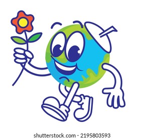 Vintage cartoon planet earth mascot in a hat walking with a flower in its hand. Ecology, world peace and earth day concept