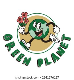 Vintage cartoon planet earth mascot, globe flat character running with flowers, eco marathon concept, vector illustration