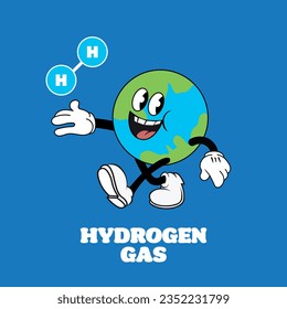 Vieja caricatura del planeta Tierra mascota que sostiene una molécula de gas de hidrógeno. Ilustración del vector