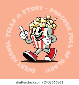 Vintage cartoon pop corn mascot, walking a laughing, classic rubberhose style character, vector