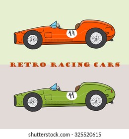 Vintage cartoon racing car. Vector doodle illustration