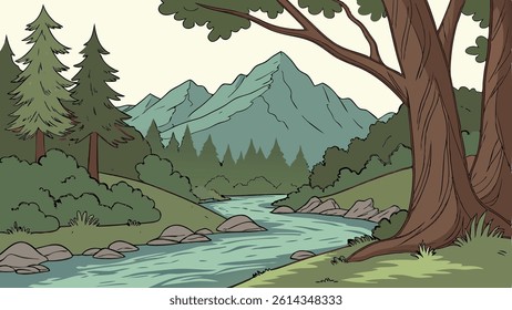 Vintage Cartoon River and Forest Illustration with Mountain Background and Stylized Details
