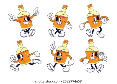 Vintage cartoon rum bottle mascot set, vector illustration