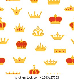 Vintage cartoon seamless pattern with many different crowns for wallpaper design. Textile ornament. Royal fabric texture print. Vector kids background.