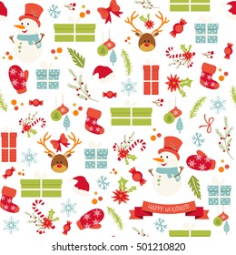 Vintage cartoon seamless pattern for Merry Christmas, Typographic Wishes and Winter Holiday Elements. Greeting hand drawn illustration for Xmas. Mitten, tree, snowman, gift box, deer, sock, mistletoe.
