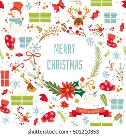 Vintage cartoon seamless pattern for Merry Christmas, Typographic Wishes and Winter Holiday Elements. Greeting hand drawn illustration for Xmas. Mitten, tree, snowman, gift box, deer, sock, mistletoe.