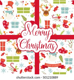 Vintage cartoon seamless pattern for Merry Christmas, Typographic Wishes and Winter Holiday Elements. Greeting hand drawn illustration for Xmas. Mitten, tree, snowman, gift box, deer, sock, mistletoe.